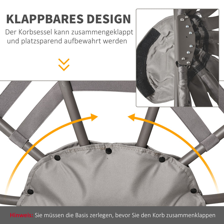 Papasan stol, havestol, 2-delt kurvestol med hynde, oval loungestol, foldbar, til altan, terrasse, udendørs/indendørs brug, sandbrun, stål, 118 x 75 x 139 cm