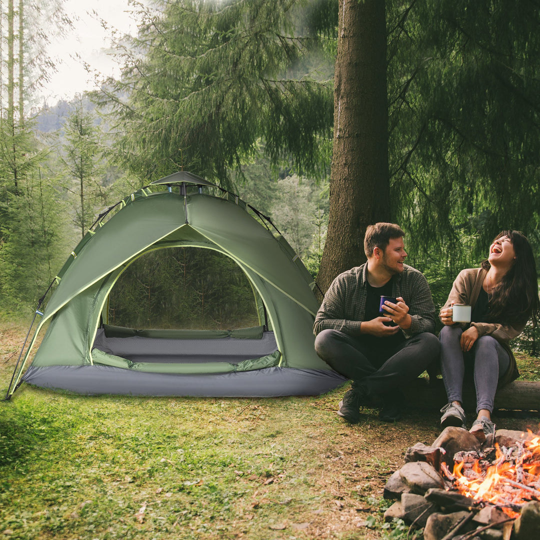 Dobbelttelt, campingtelt, udendørstelt, familietelt, hurtigopsætningstelt, 2 voksne + 1 barn, 4 sæsoner, vandtæt, bæretaske, 2 døre, polyester + glasfiber, mørkegrøn, 210 x 210 x 140 cm