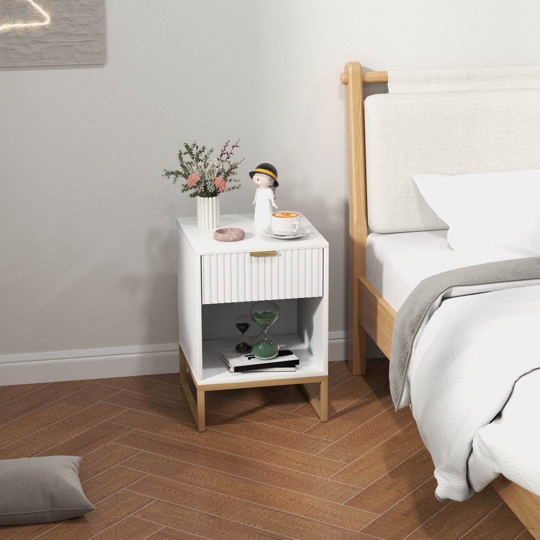 Natbord med skuffe og hylde, opbevaringsplads og metalben, til soveværelse, stue, hvid