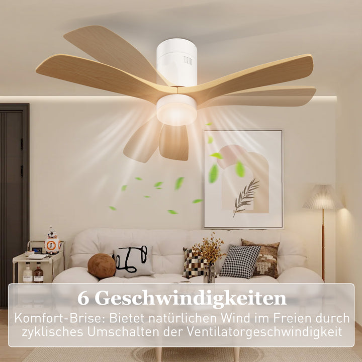 Loftsventilator med led-lys, 6 hastigheder, fjernbetjening, lysebrun