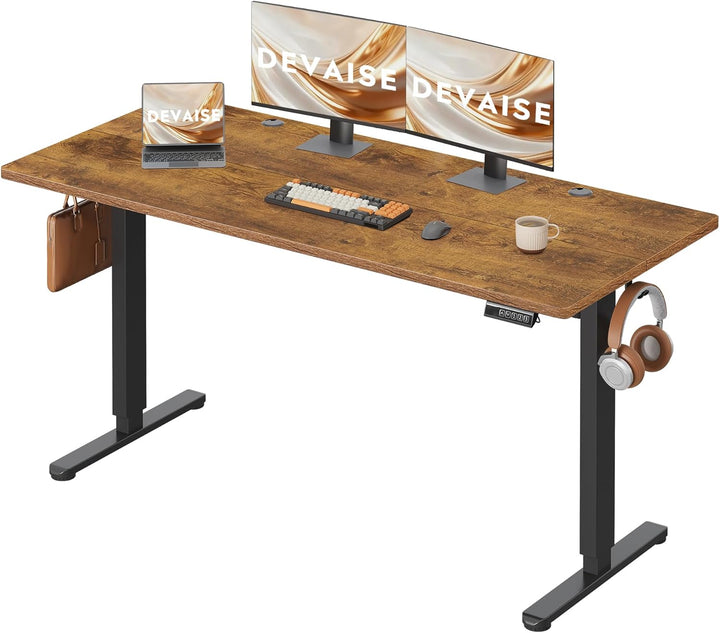 DEVAISE højdejusterbart skrivebord 160×70 cm, støjsvag motor med 3 højdeindstillinger, justeringsområde 72–118 cm, ergonomisk hæve-sænke skrivebord til kontor, brun
