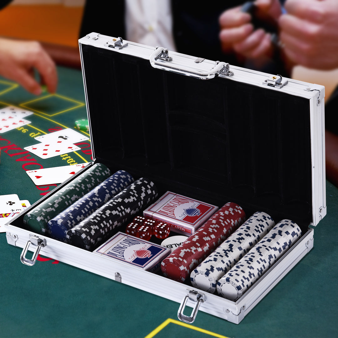 Pokerkasse låsbart pokersæt med etui 300 chips 5 terninger 2 kortspil tilbehør, pokerchips komplet sæt pokerspil kortspil aluminium etui til texas hold'em, blackjack