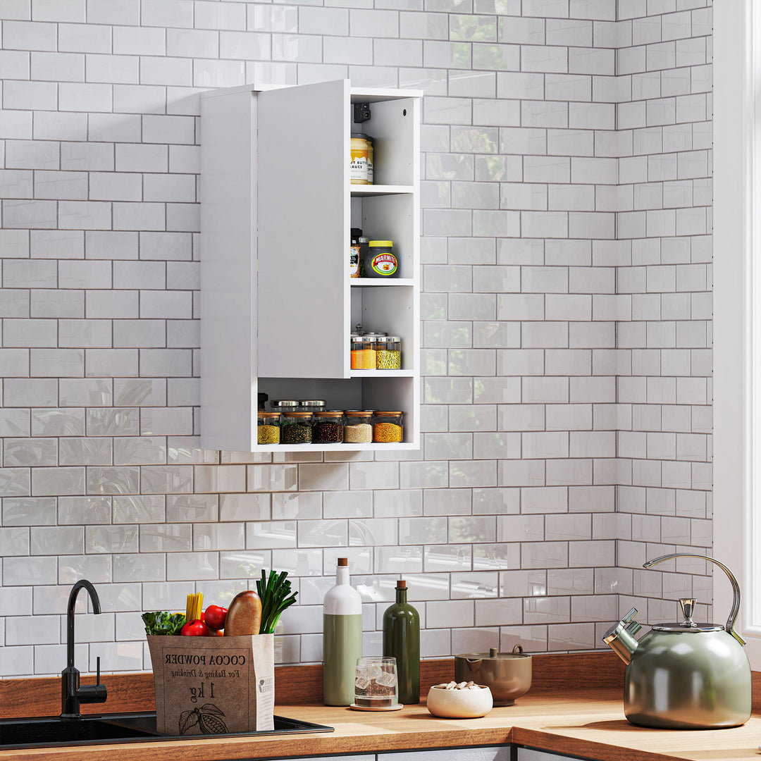 Vægmonteret badeværelsesskab, vægskab til badeværelse med justerbare hylder, åbent rum, træ, hvid