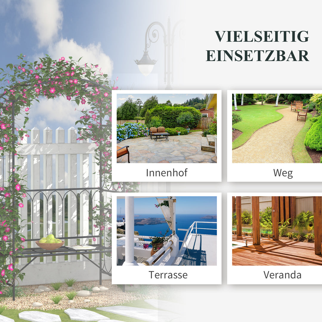 Rosenbue med bænk, rosenbænk, lysthusbænk, filosofbænk, espalier, klatrehjælp, havebænk, metal, sort, 115 x 50 x 203 cm