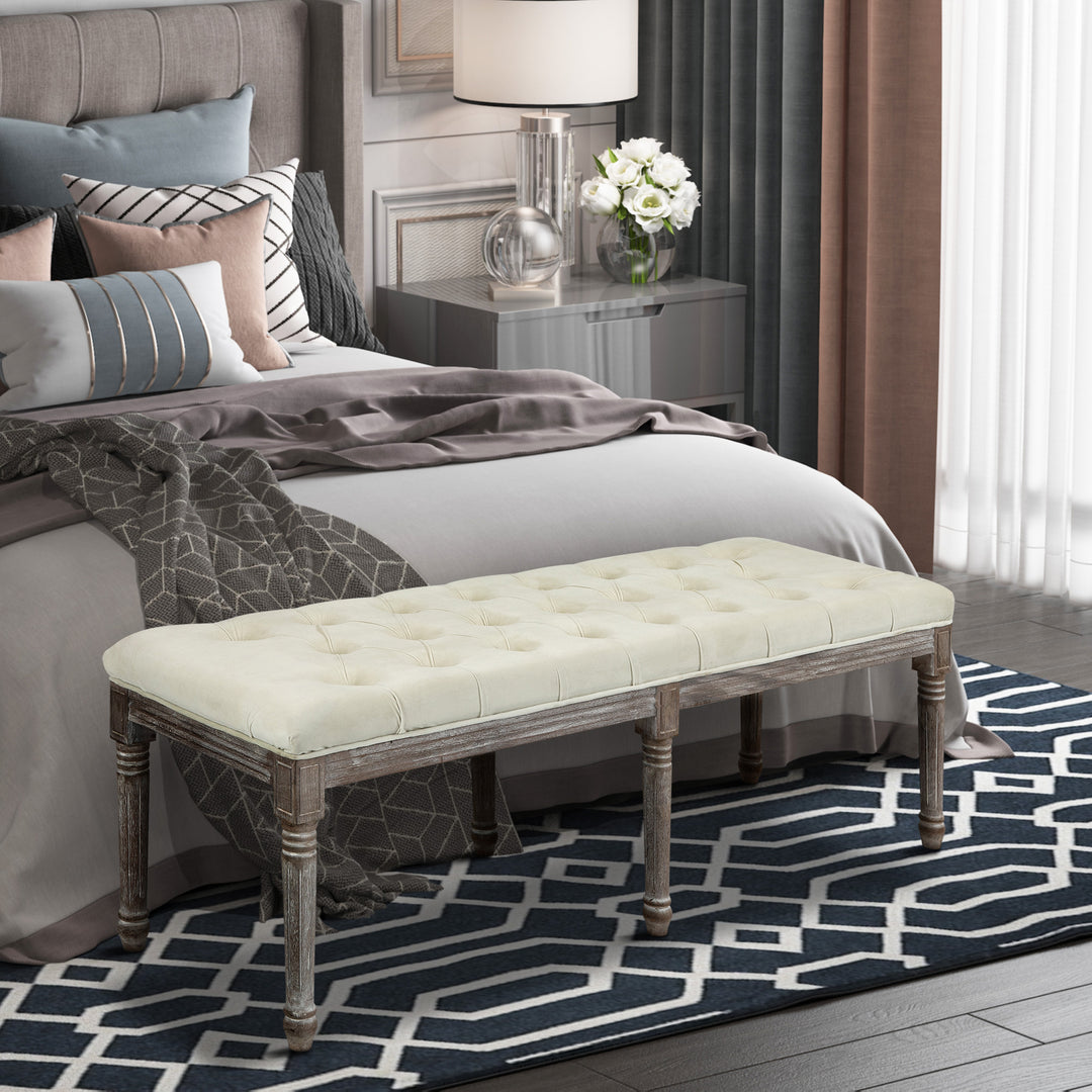 Polstret bænk vintage sengebænk med knapper velour touch gummitræ beige 142 x 47 x 51 cm