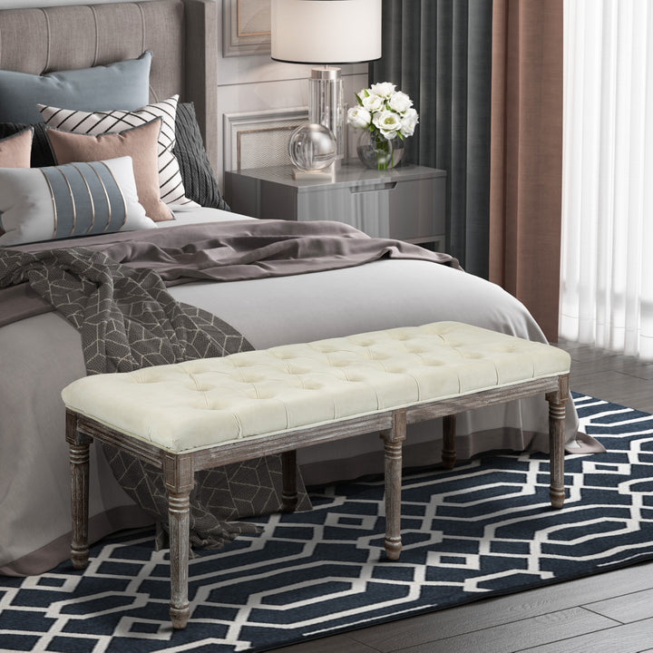 Polstret bænk vintage sengebænk med knapper velour touch gummitræ beige 142 x 47 x 51 cm