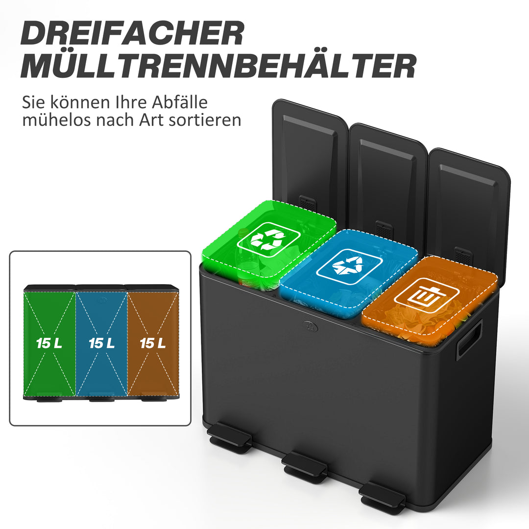 Skraldespand med 3 x 20 L rum, deodorantlåg, fingeraftrykssikker, softclose, aftagelig, sort
