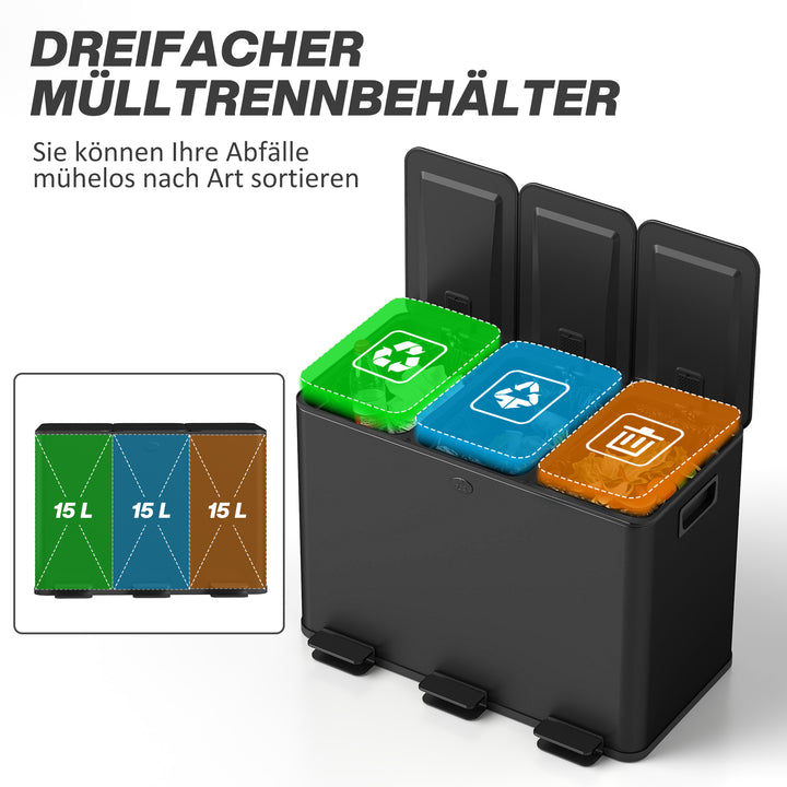 Skraldespand med 3 x 20 L rum, deodorantlåg, fingeraftrykssikker, softclose, aftagelig, sort