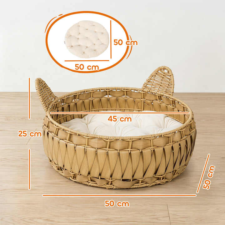 Rattan katteseng, kattehule med aftagelig hynde, kattekurv til katte op til 10 kg, 50 x 50 x 25 cm, lysebrun