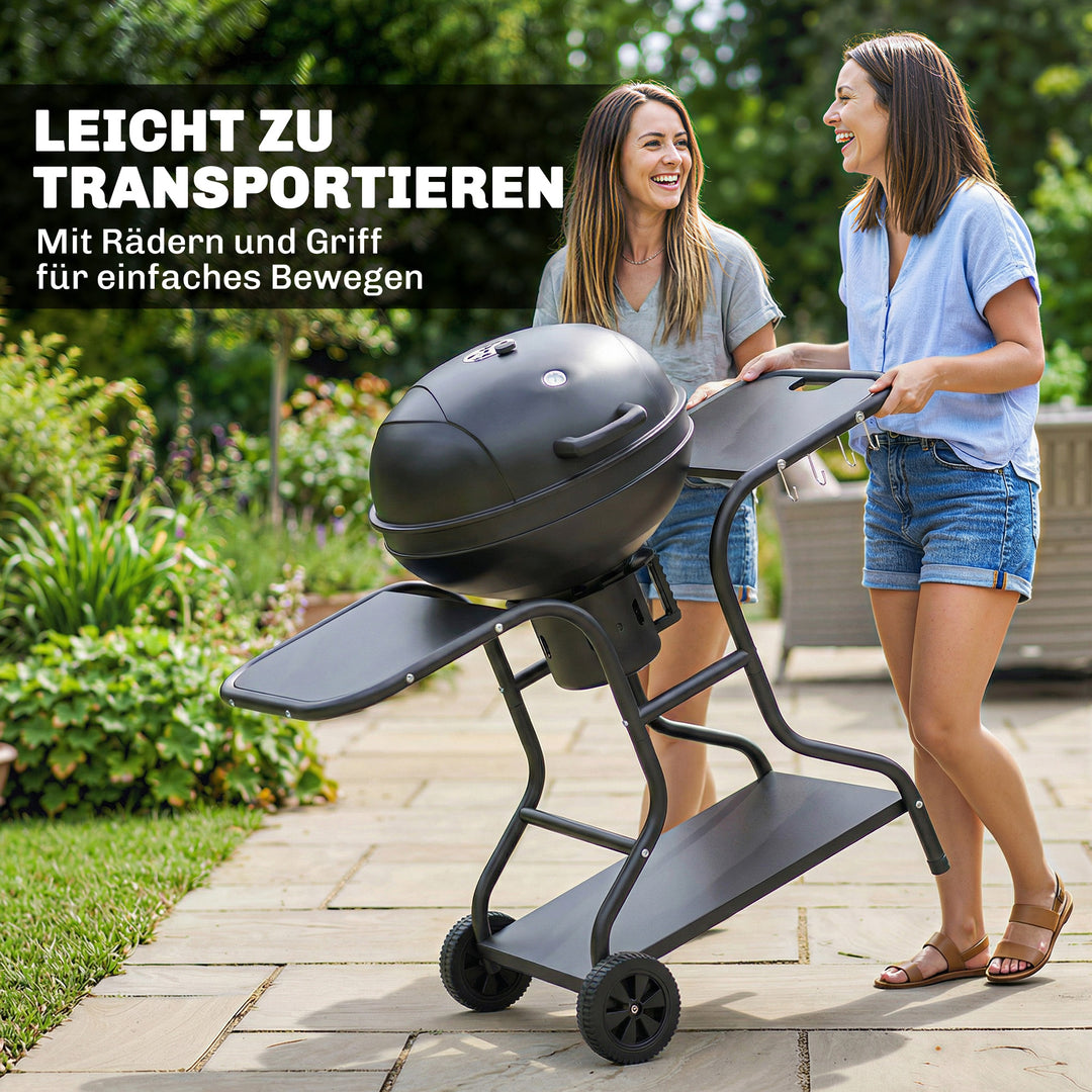 Kulgrill BBQ-ryger med sideborde, låg, termometer og hjul, 129 x 63,5 x 106,5 cm
