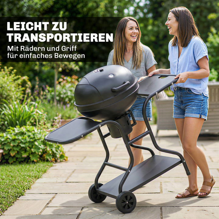 Kulgrill BBQ-ryger med sideborde, låg, termometer og hjul, 129 x 63,5 x 106,5 cm