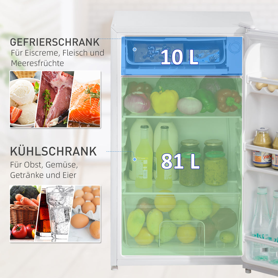 Minikøleskab, 91 liters kapacitet, fryserum, justerbare hylder, stille drift, kompakt størrelse, plast, stål, hvid