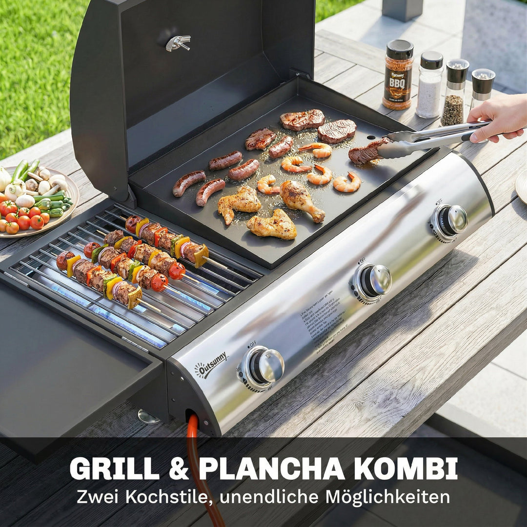 Gasgrill 7,5 KW Bærbar bordgrill med 3 brændere, sidebord, stegeplade, emaljerede grillriste, fedtbakke