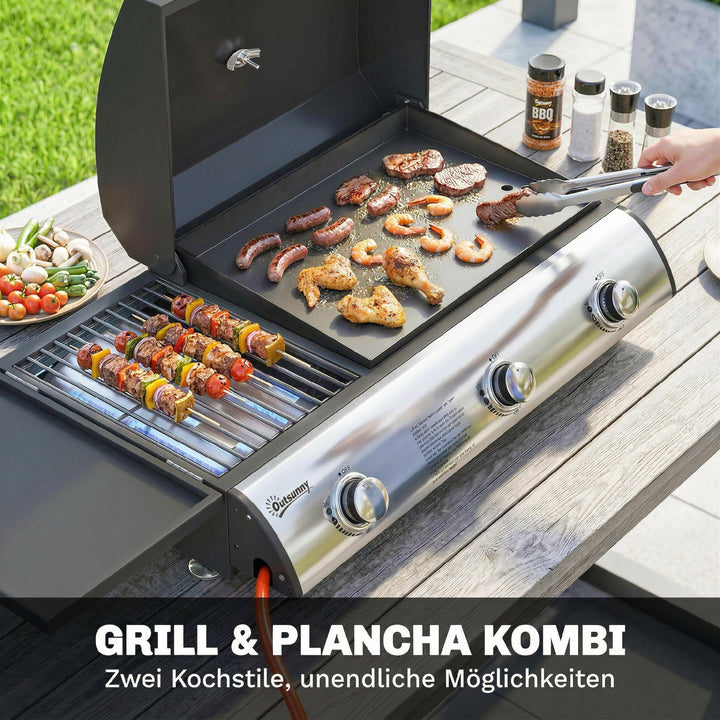 Gasgrill 7,5 KW Bærbar bordgrill med 3 brændere, sidebord, stegeplade, emaljerede grillriste, fedtbakke