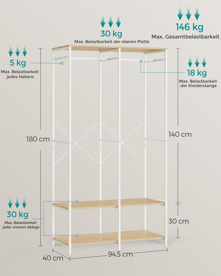 Åbent tøjstativ / klædeskab med bøjlestang, D40 x B94,5 x H180 cm, naturfarvet