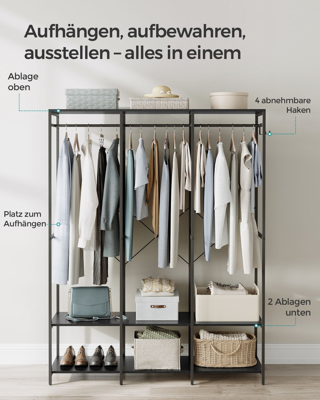 Åbent garderobeskab, rummeligt design med mål på 40 x 141 x 180 cm