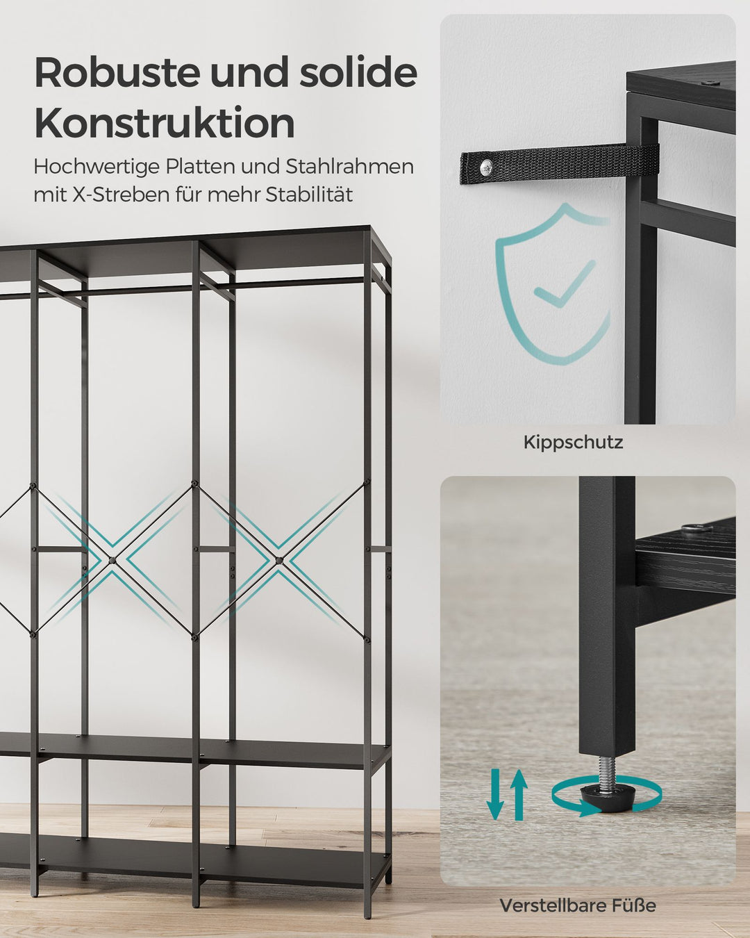 Åbent garderobeskab, rummeligt design med mål på 40 x 141 x 180 cm