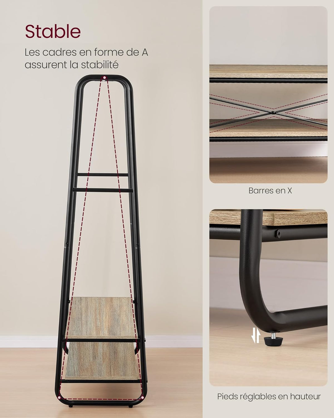 Tøjstativ med 2 hylder og 6 S-formede kroge, lavet af spånplade og stål, mål: 45 x 100 x 160 cm