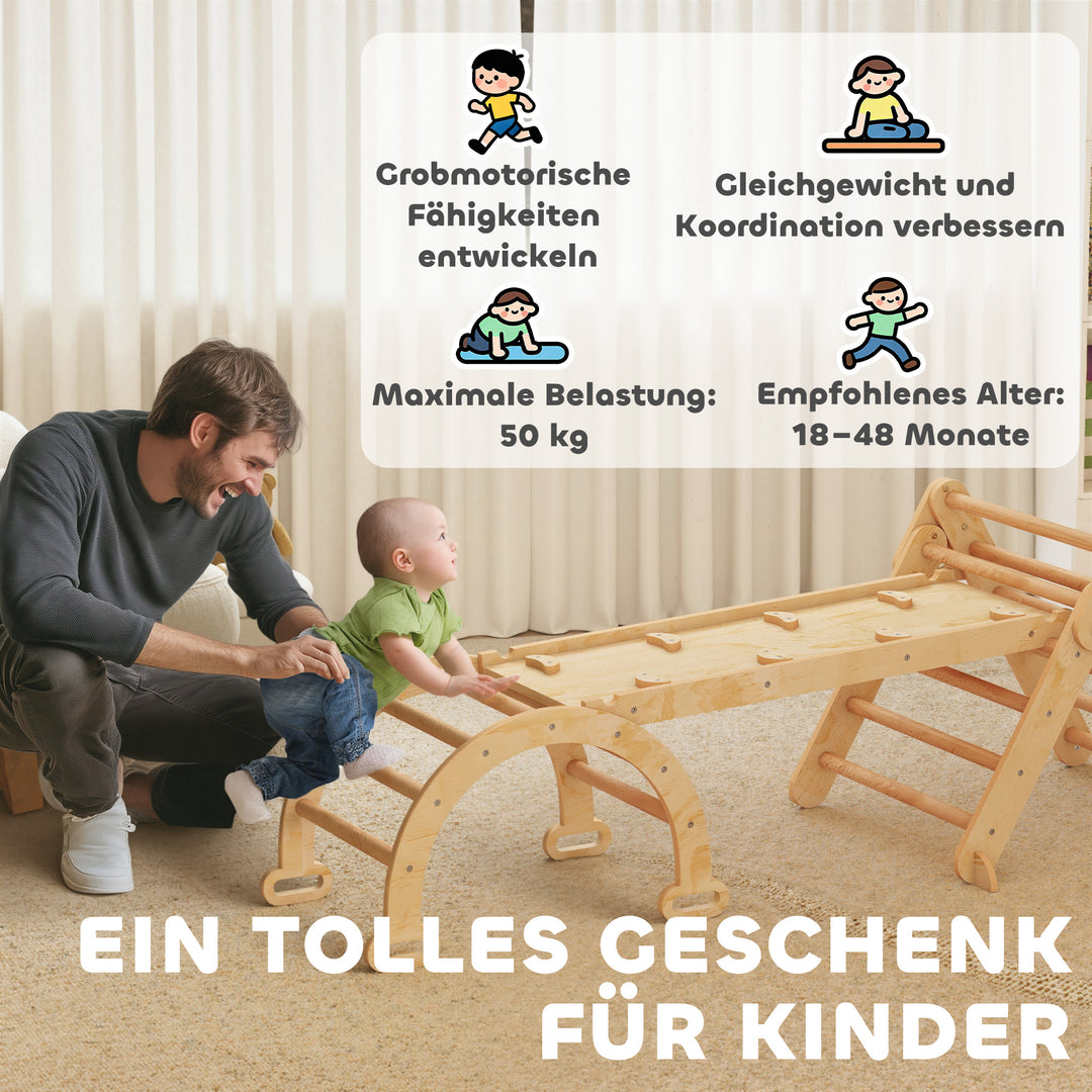 7-i-1 klatrestativ, buet stige, trekantet stige, rampe, klatrevæg, rutsjebane, til børn i alderen 1,5-4 år, foldbar, træ