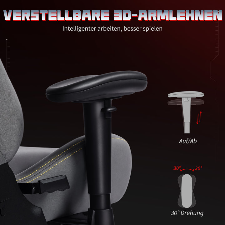 Ergonomisk gamingstol med 3D-armlæn, justerbar, rullende skrivebordsstol med lændestøtte, grå