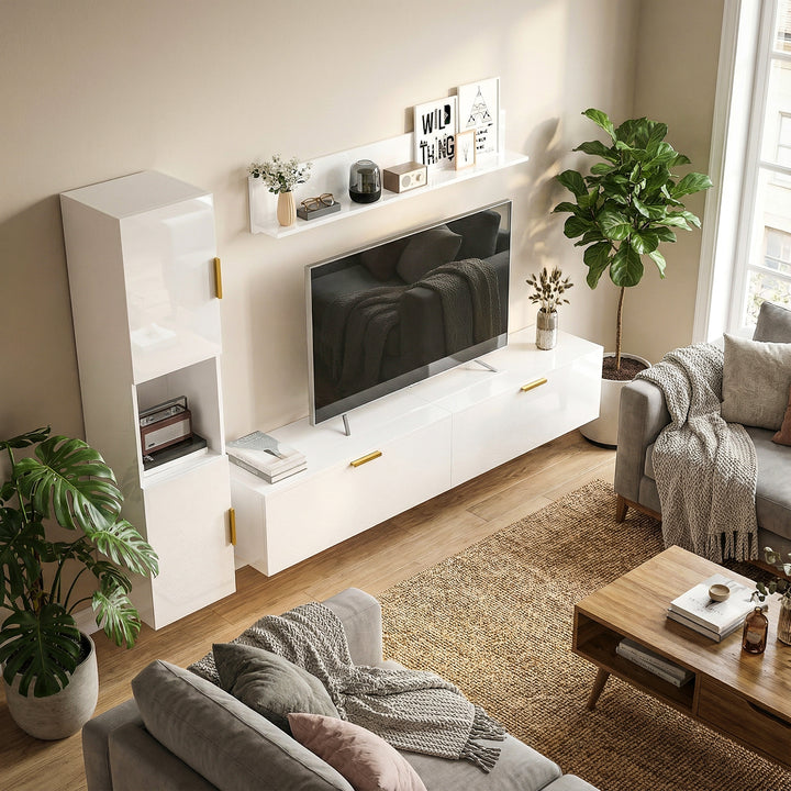 Svævende TV-bord med hængslede døre, underholdningscenter, væghylde, skab, 180 cm, hvid højglans