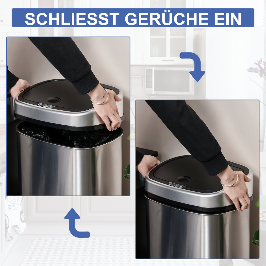 Skraldespand med sensor 58l automatisk affaldsbeholder med bevægelsessensor, vandtæt affaldsbeholder i rustfrit stål til køkken, kontor, soveværelse, sølv