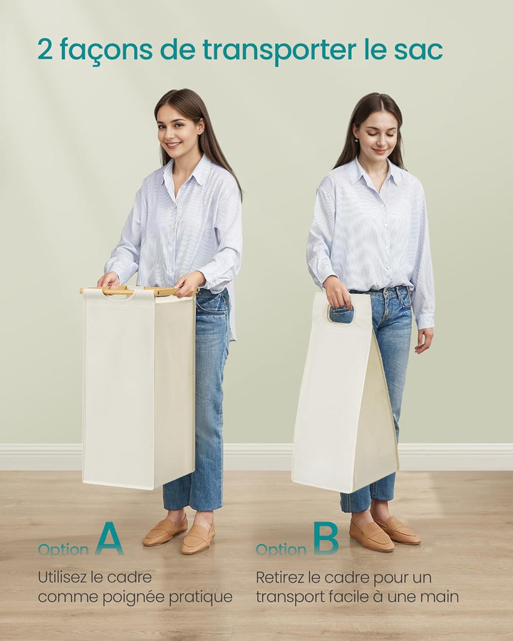 Vasketøjskurv med 2 rum, bambus, 100L, hylde, cremefarvet