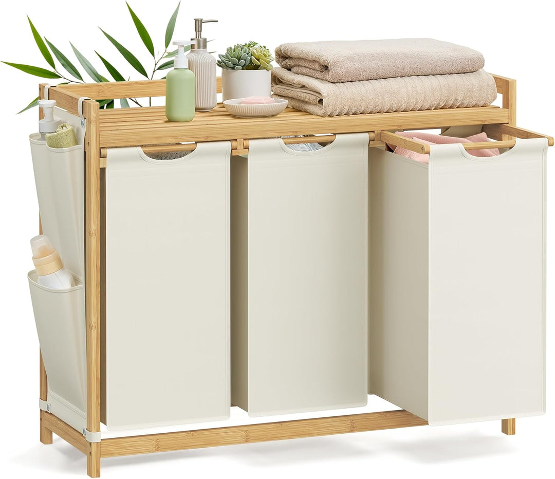 150L vasketøjskurv i creme-hvid bambus med hylde, 94 x 33 x 78 cm