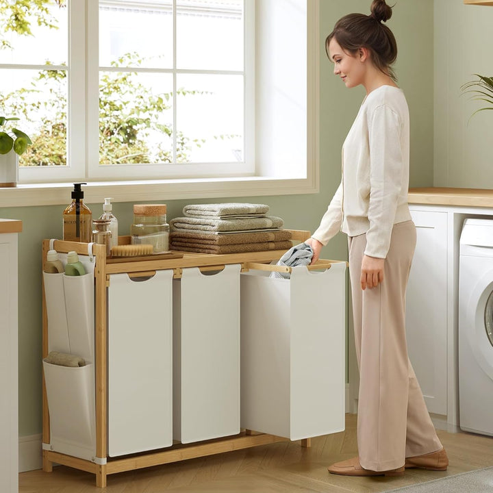 150L vasketøjskurv i creme-hvid bambus med hylde, 94 x 33 x 78 cm