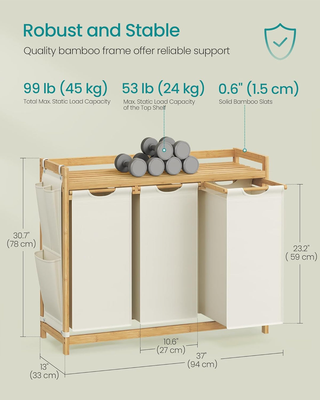 150L vasketøjskurv i creme-hvid bambus med hylde, 94 x 33 x 78 cm