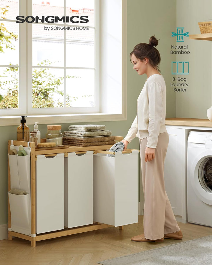 150L vasketøjskurv i creme-hvid bambus med hylde, 94 x 33 x 78 cm