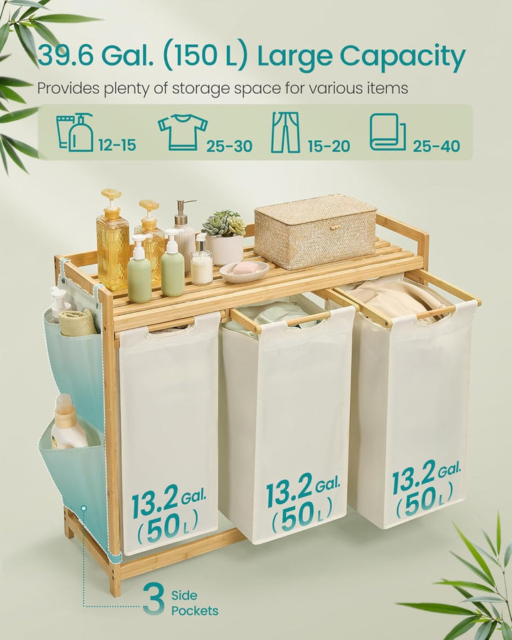 150L vasketøjskurv i creme-hvid bambus med hylde, 94 x 33 x 78 cm