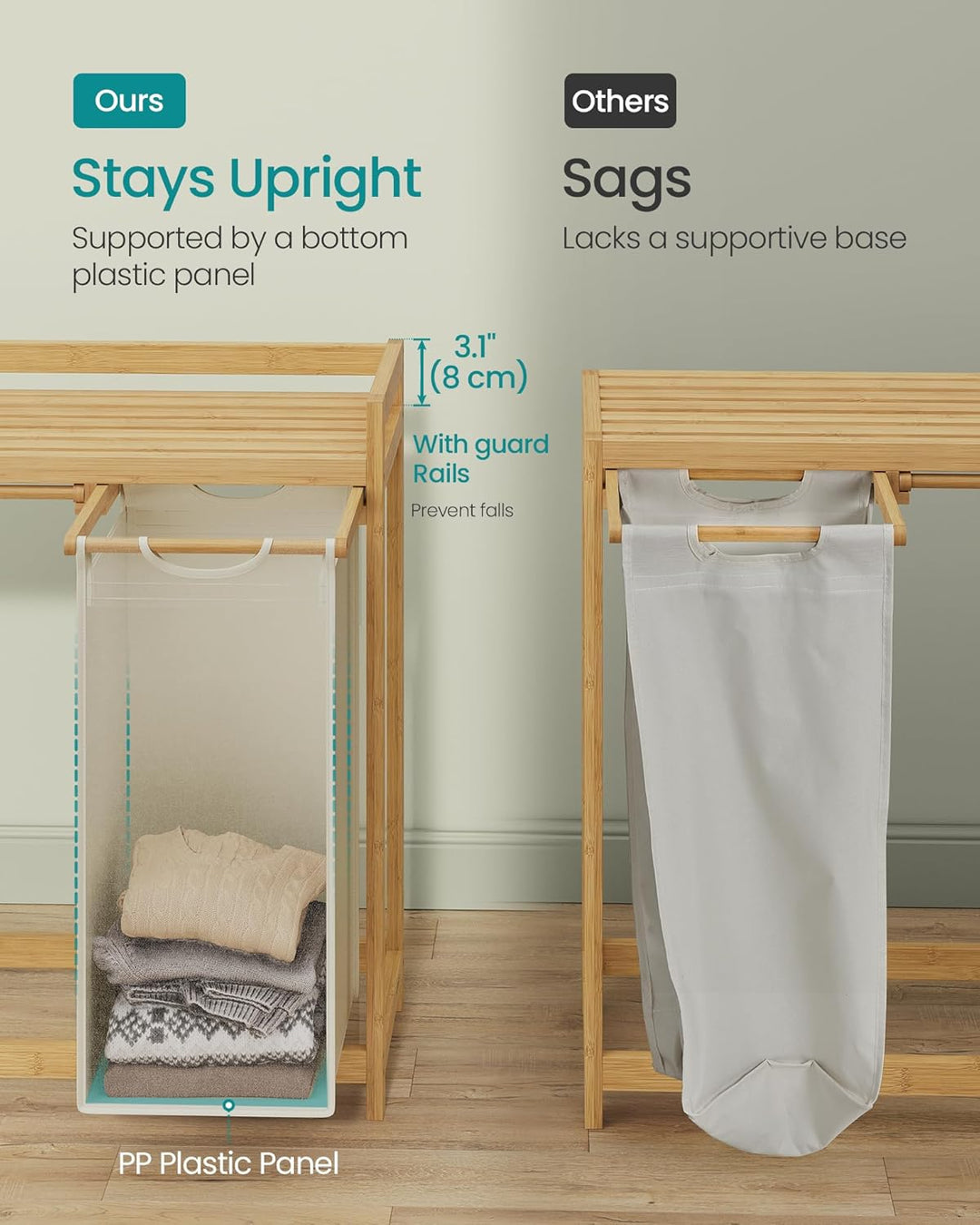 150L vasketøjskurv i creme-hvid bambus med hylde, 94 x 33 x 78 cm