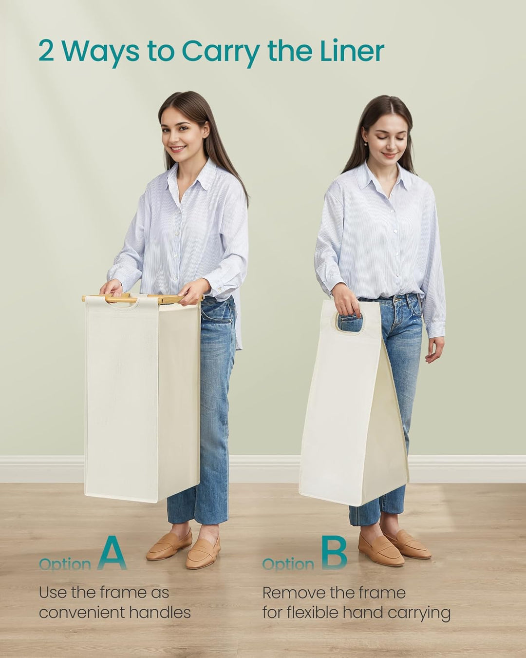 150L vasketøjskurv i creme-hvid bambus med hylde, 94 x 33 x 78 cm