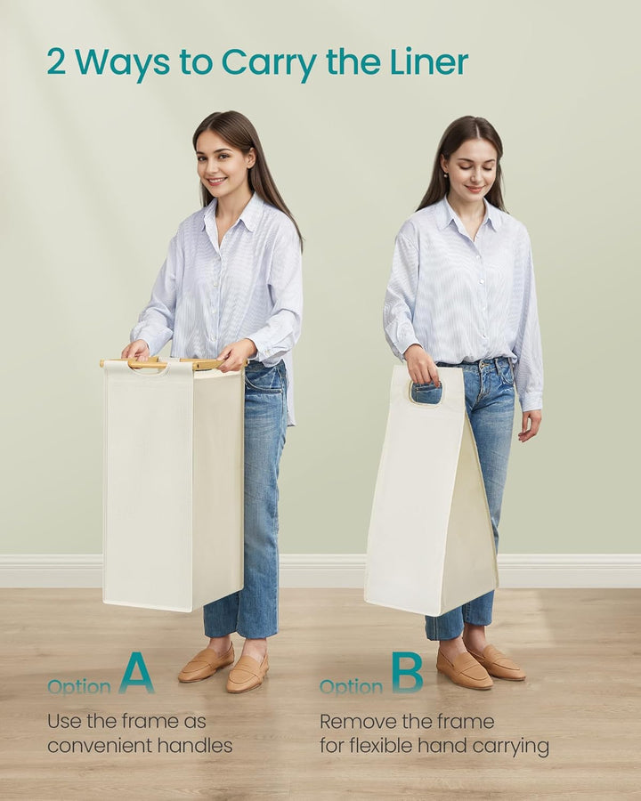 150L vasketøjskurv i creme-hvid bambus med hylde, 94 x 33 x 78 cm