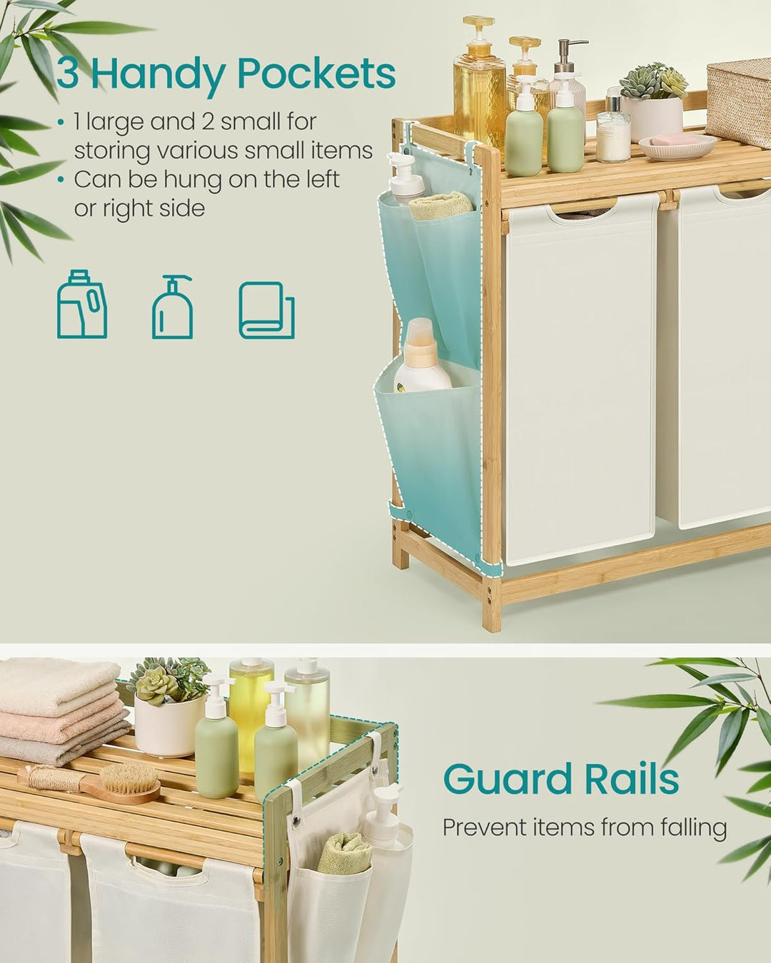 150L vasketøjskurv i creme-hvid bambus med hylde, 94 x 33 x 78 cm