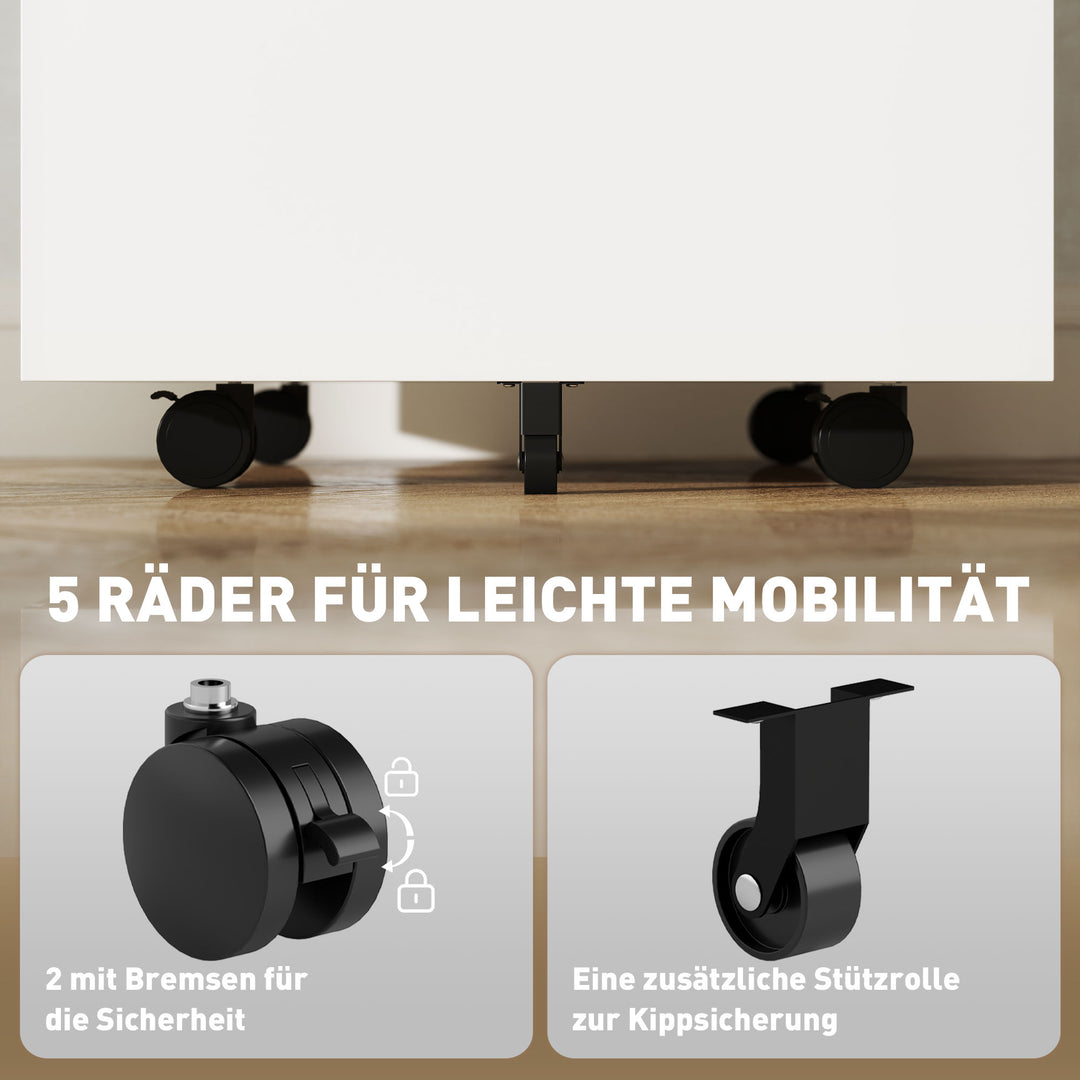 Mobilt arkivskab, skillevæg, centrallåselig, stålkabinet, 5 hjul, hvid, 39 x 48 x 67 cm