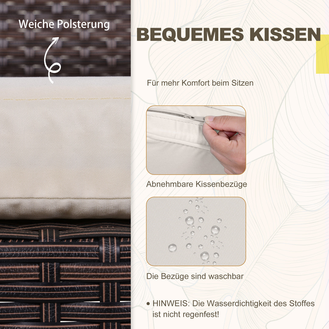 Havemøbelsæt i polyrattan til 2 personer med balkonmøbler og hynder, brun+creme