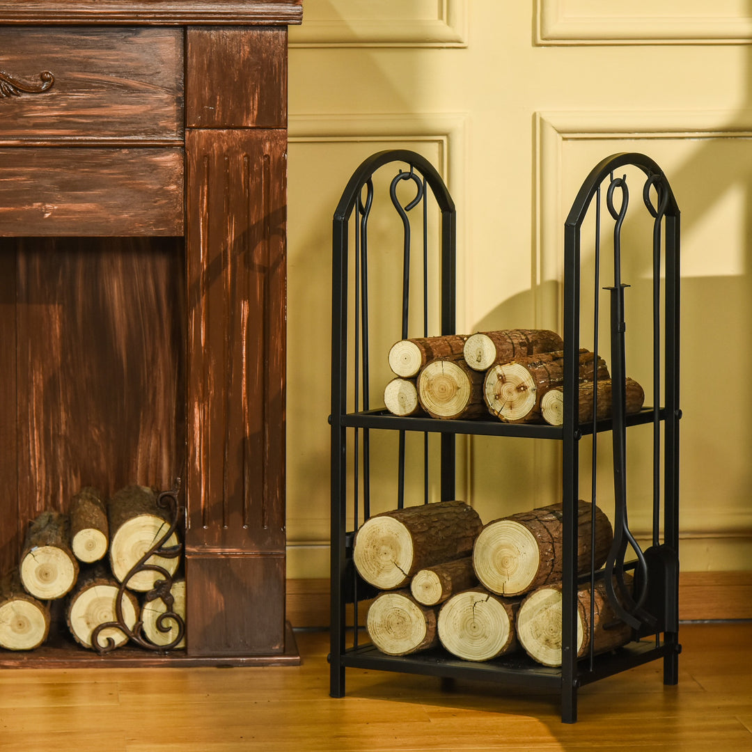 Brændestativ, brændestativ, brændestativ med 4 ekstra brændeværktøjer, pejsværktøj, 2-lags design, brændeopbevaring, pejsværktøj, metal, sort, 41,5 x 32,5 x 74,5 cm