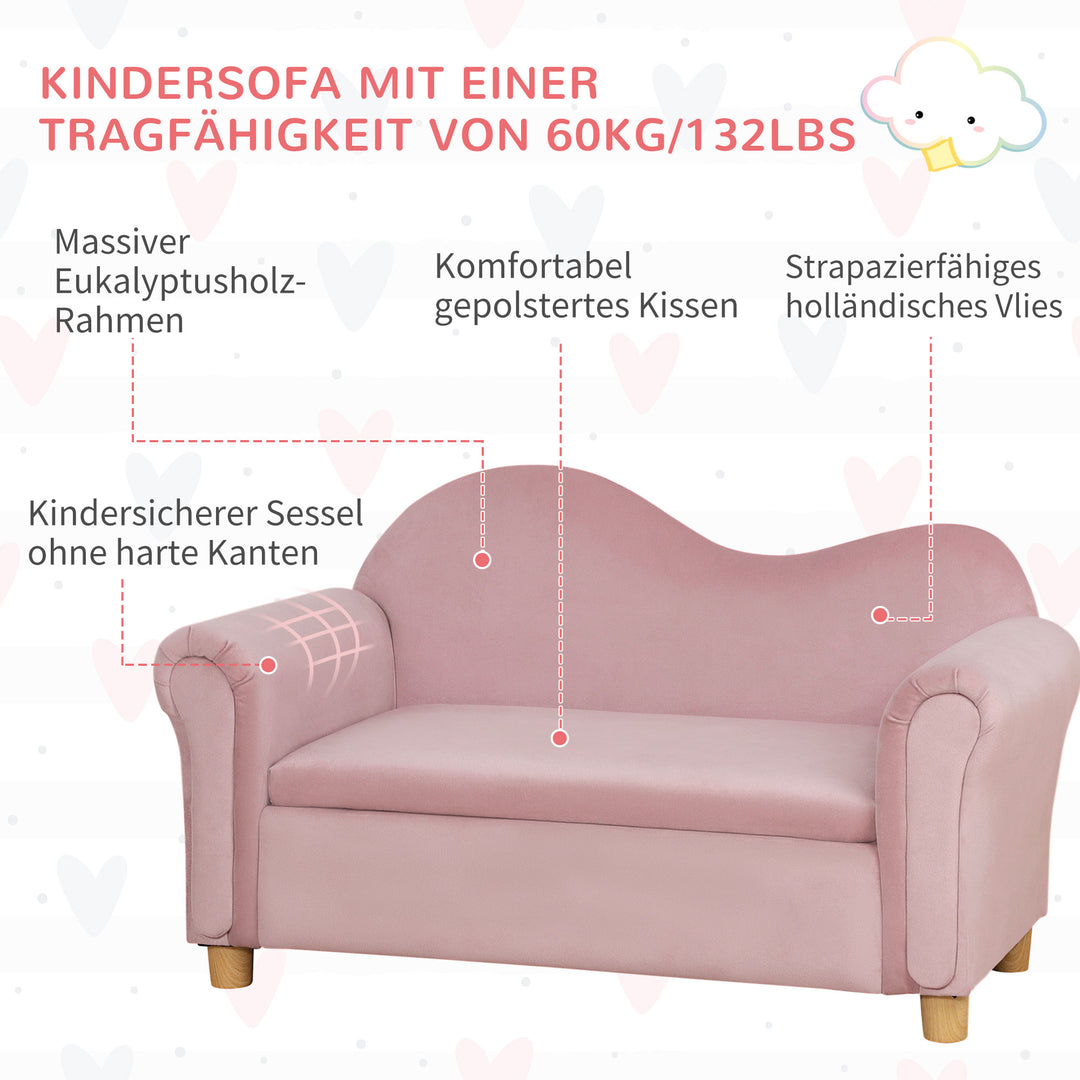 Børnesofa, to-personers til børn 3-5 år, opbevaringsplads, naturtræsstel, 84 x 41,5 x 48,5 cm, lyserød
