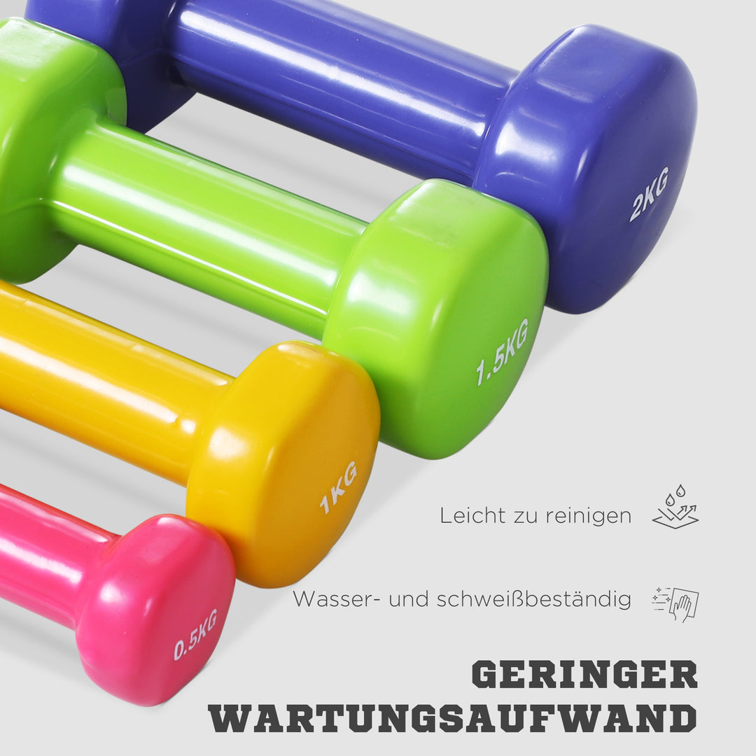 Håndvægtsæt 4 par håndvægte med kuffert 0,5 kg/1 kg/1,5 kg/2 kg jern+plastik rød gul grøn lilla