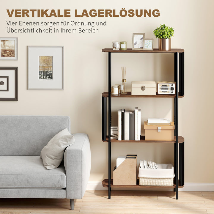 Bogreol, fritstående hylde med 4 hylder, buet design, til stue, soveværelse, 80 x 30 x 141 cm, brun