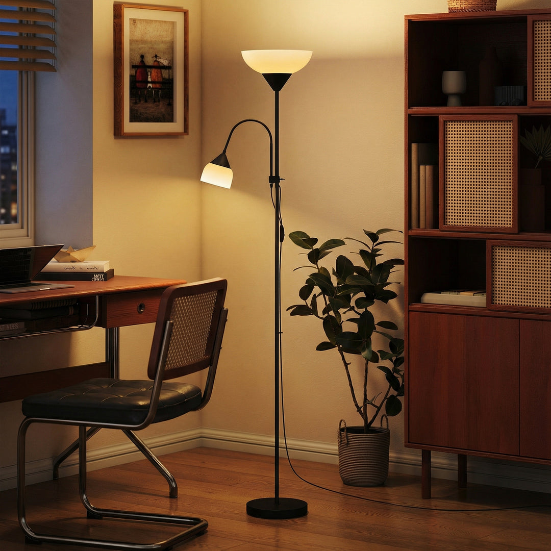 Uplight, mor og barn gulvlampe, høj lampe med 3 farvetemperaturer og fleksibel svanehals, sort