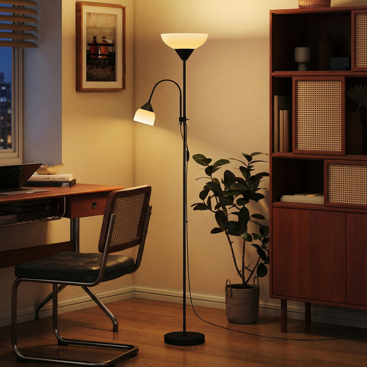 Uplight, mor og barn gulvlampe, høj lampe med 3 farvetemperaturer og fleksibel svanehals, sort