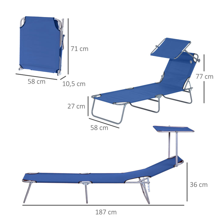 Solseng med solskærm, foldbar, justerbar ryglæn, metalramme, 187 x 58 x 36 cm, blå