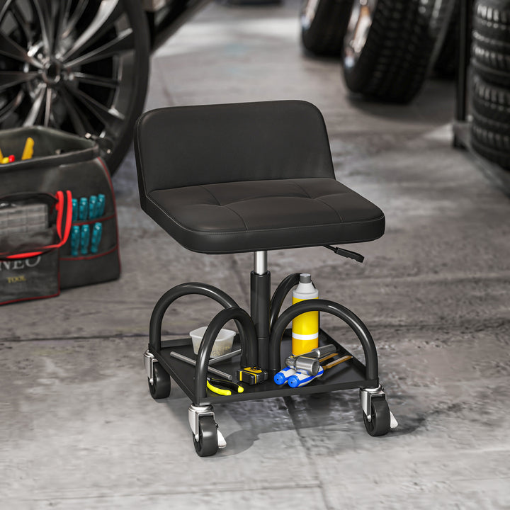 Værkstedsskammel med hjul, opbevaringsplads, 58,5 cm høj, rulleskammel, lasteevne op til 135 kg, sort