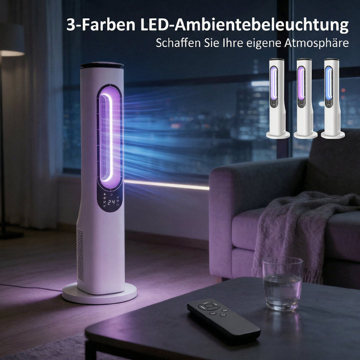 Rotorløs tårnventilator til soveværelser, 35 dB støjsvag standerventilator med 50° oscillation, LED-lys, 3 hastigheder, 15-timers timer, hvid