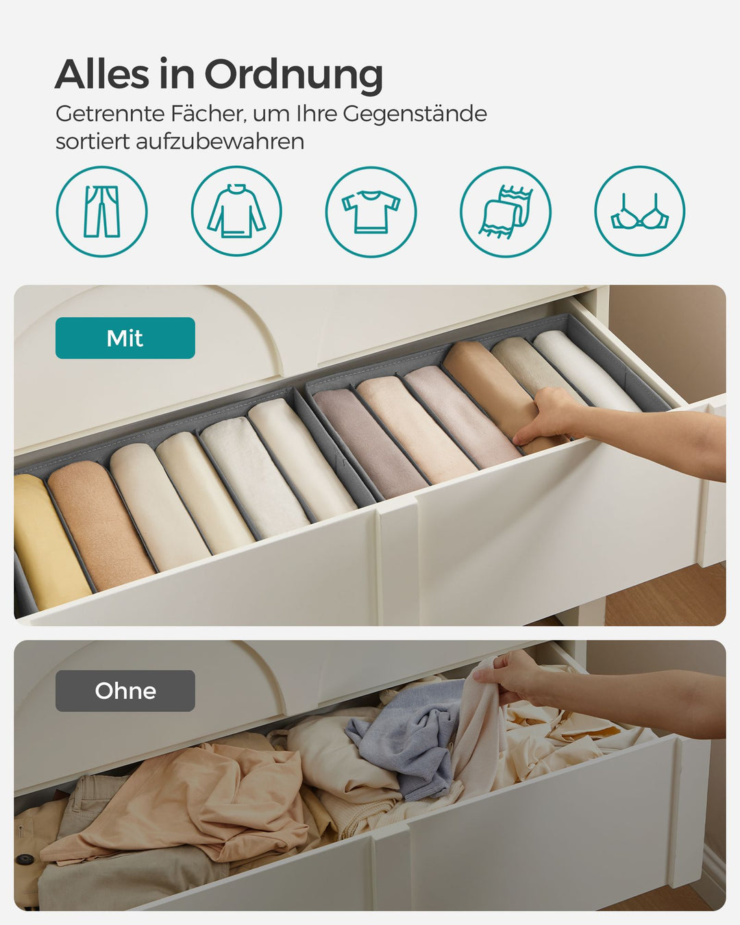 Sæt med 4 skuffeorganisatorer, hver med 6 rummelige rum til opbevaring i klædeskabe, mål pr. organizer: 42 x 30 x 17 cm, duegrå