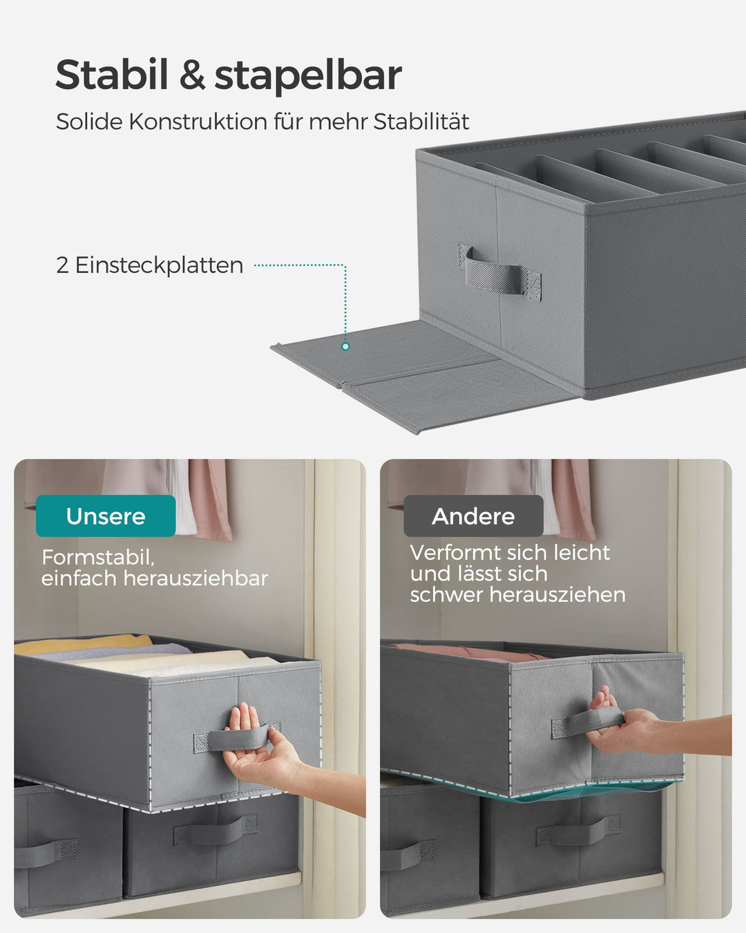 Sæt med 4 skuffeorganisatorer, hver med 6 rummelige rum til opbevaring i klædeskabe, mål pr. organizer: 42 x 30 x 17 cm, duegrå