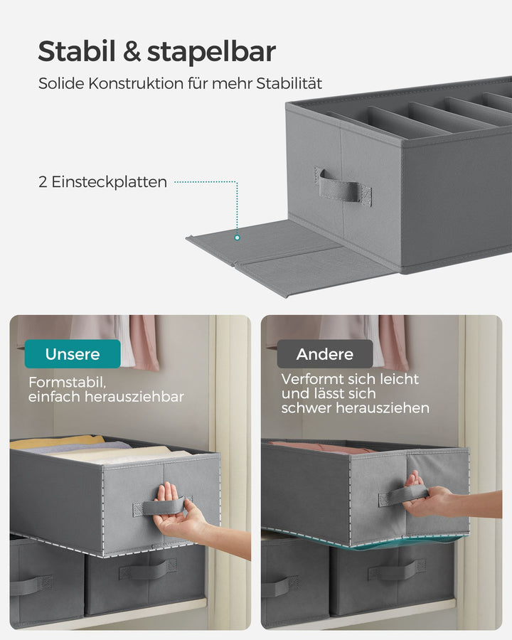 Sæt med 4 skuffeorganisatorer, hver med 6 rummelige rum til opbevaring i klædeskabe, mål pr. organizer: 42 x 30 x 17 cm, duegrå